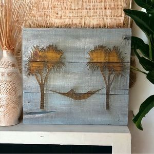 Engraved Hammock And Palm Tree On Reclaimed Wood